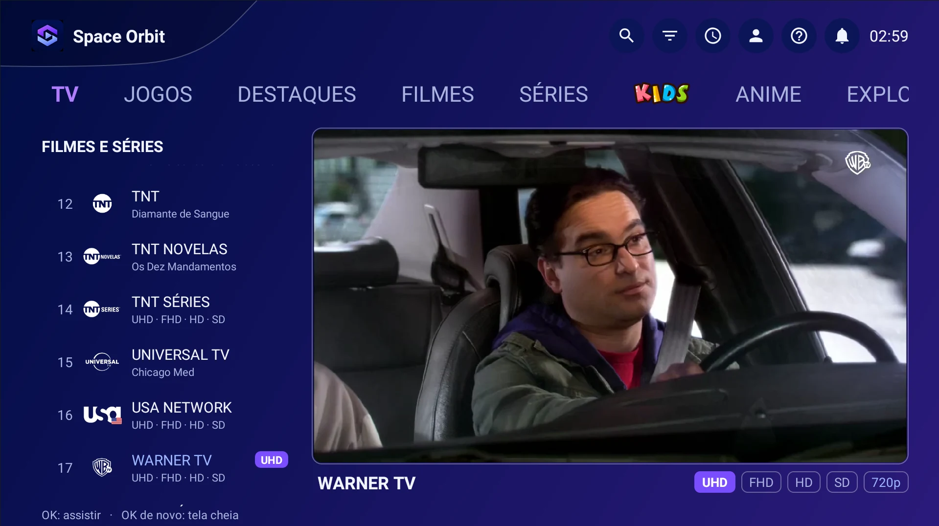 TV ao vivo — Lista de canais e reprodução na interface do Space Orbit.